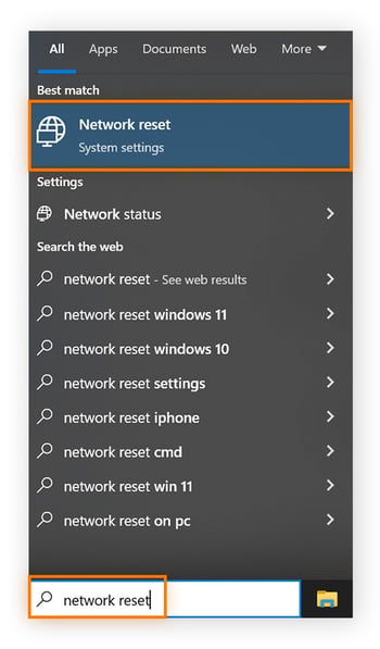 Network reset has been typed in the taskbar, and "Network reset: system settings" is shown and ready to be clicked.