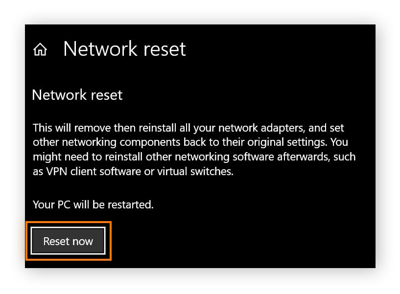 The Network Reset tool is shown, with some text explaining that it will uninstall and reinstall network adapters.