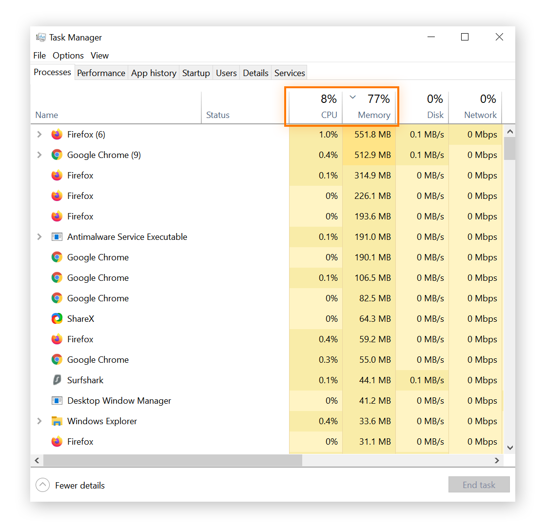 A screenshot of a user's Task Manager, where disk and memory usage for various programs are displayed.