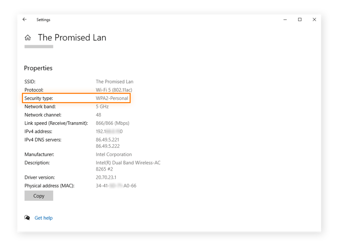 Windows Wi-Fi settings show which type of wireless security protocol your Wi-Fi networks use.