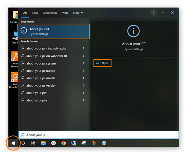 Accessing the About your PC System settings via Windows Start menu search bar.
