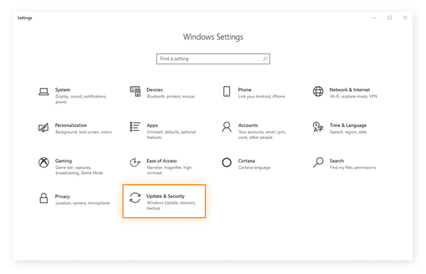Auswählen der Kategorie „Update und Sicherheit“ über das Einstellungsmenü in Windows 10.