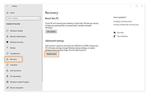 Selecting the Restart Now button in the Recovery settings of Windows 10.