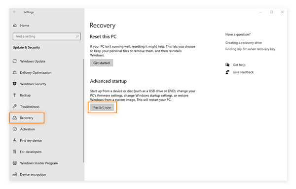 Sélection du bouton Redémarrer maintenant dans les paramètres de récupération de Windows 10.