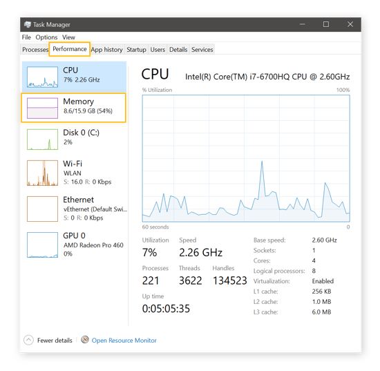 Viewing CPU specs in Windows Task Manager in Windows 10