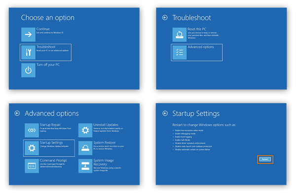 Restarting a PC in safe mode on Windows 10.