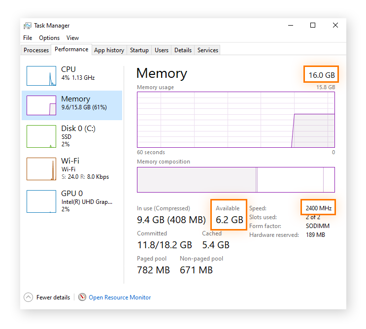 Viewing RAM specs in Windows Task Manager in Windows 10