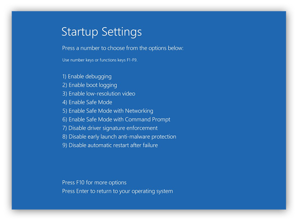 Choosing a Startup Settings troubleshooting mode in Windows 10.