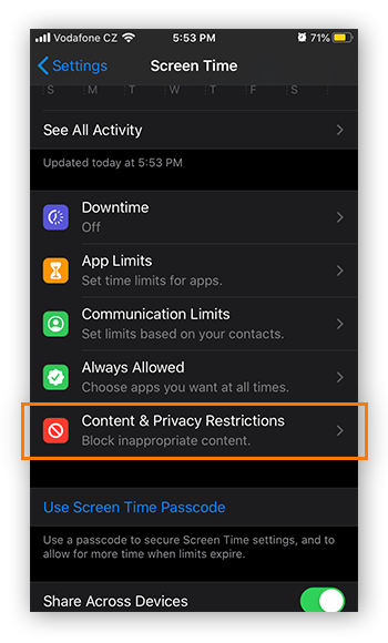 Zugreifen auf die Beschränkungen für Inhalte und Datenschutz über die Funktion „Bildschirmzeit“ unter iOS 13