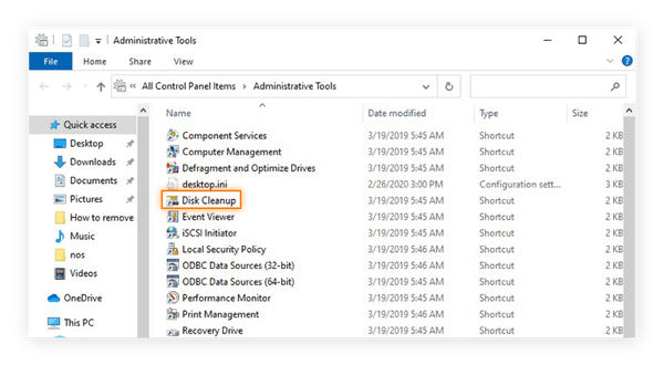Ouverture des paramètres de Nettoyage de disque dans les Outils d’administration de Windows 10 en mode sans échec.