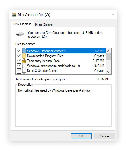 The Disk Cleanup tool in Windows 10 Safe Mode.