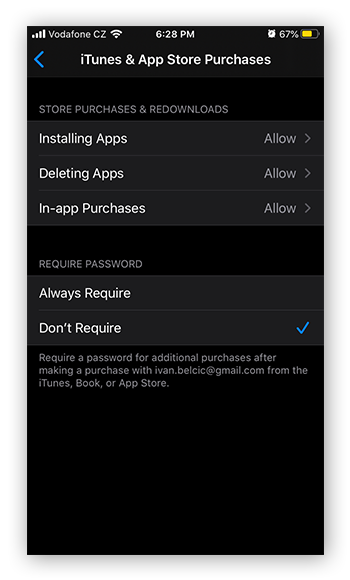 Configurações de Compras no iTunes e App Store, em Tempo de Uso, no iOS