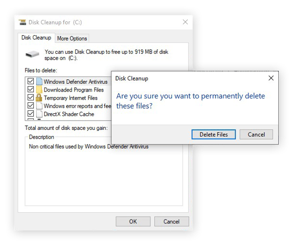 Löschen von Dateien mit dem Datenträgerbereinigungstool im abgesicherten Modus von Windows 10.