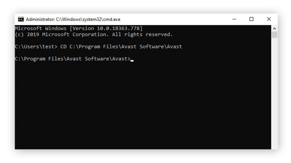 Using the Command Prompt interface in Windows 10 Safe Mode to access Avast Free Antivirus.
