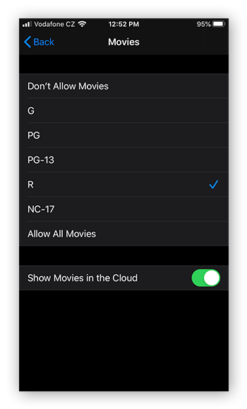 Limitar las clasificaciones de películas en el menú Contenido y restricciones en Tiempo de uso para iOS 13