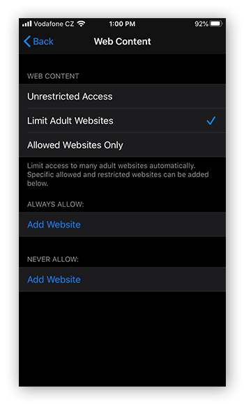 Limitation des sites web pour adultes dans le menu Contenu et restrictions de Temps d’écran sur iOS 13