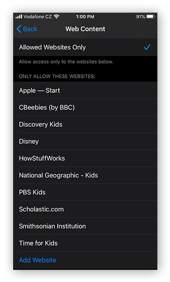Zulassen bestimmter Webseiten im Menü „Inhaltsbeschränkungen“ über die Funktion „Bildschirmzeit“ unter iOS 13