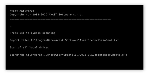 Durchführen einer Startzeit-Prüfung mit Avast Free Antivirus unter Windows 10.