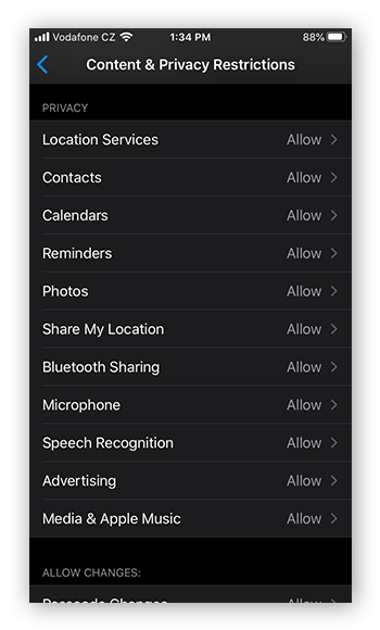As configurações de Privacidade na opção Restrições Privacidade e Conteúdo, em Tempo de Uso, no iOS 13