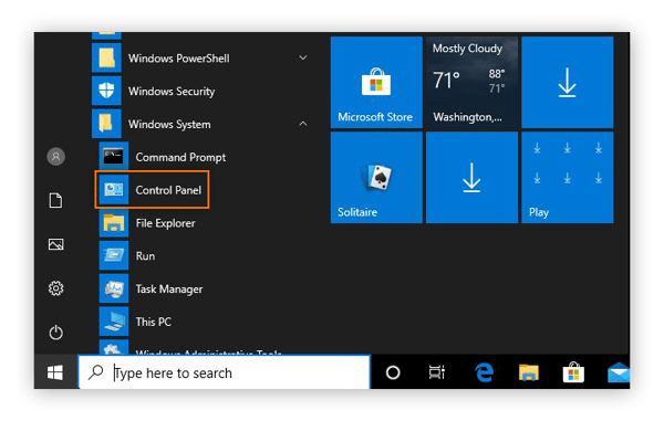 Navigating to the Control Panel via the Start menu on Windows 10.