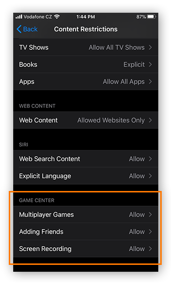Limiting Game Center activity in the Content Restrictions in Screen Time for iOS
