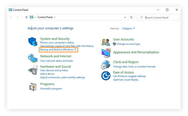 Choix de l’option Sauvegarde et restauration dans le Panneau de configuration de Windows 10