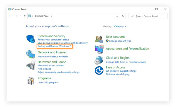 Choosing Backup and Restore in the Control Panel on Windows 10.
