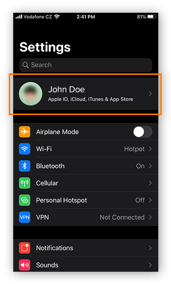 Abrir la configuración de ID de Apple en la aplicación Ajustes de iOS 13