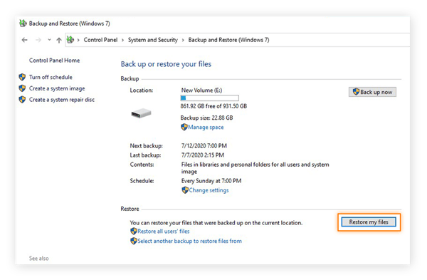 Selecting to restore files from a backup within the Control Panel of Windows 10.