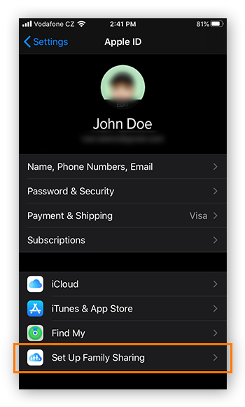 Configuration du partage familial dans les réglages identifiant Apple sur iOS 13