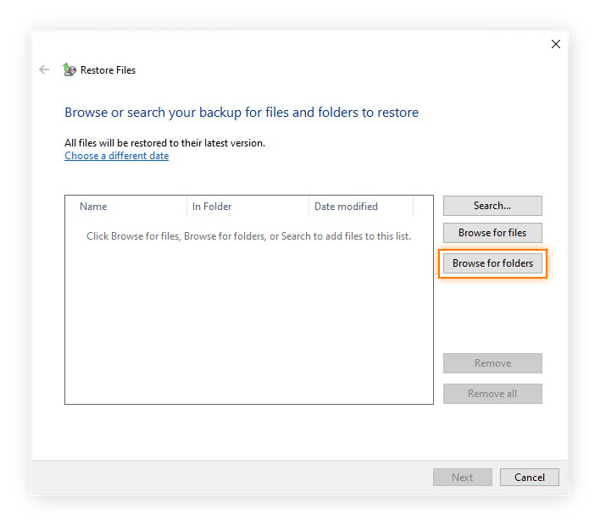 Selecting the backup to restore in Windows 10.