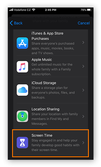 Elegir compartir el Tiempo de uso en Compartir en familia para iOS 13