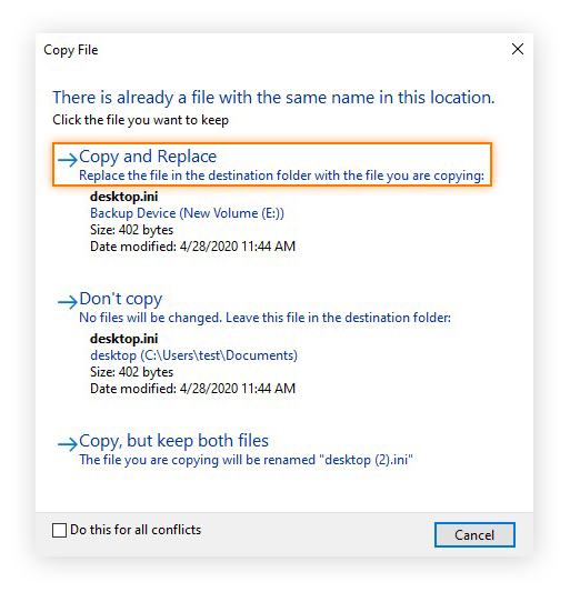Choosing to Copy and Replace restored files from a backup in Windows 10.