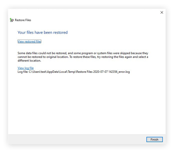 Abschließen des Wiederherstellungsprozesses des Backups unter Windows 10.