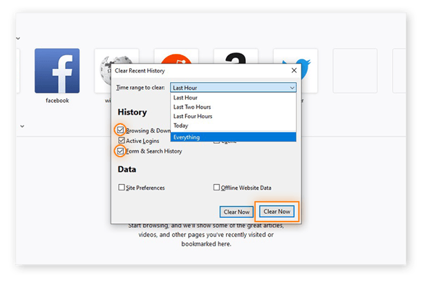 Clearing browsing and search history in Mozilla Firefox for Windows 10