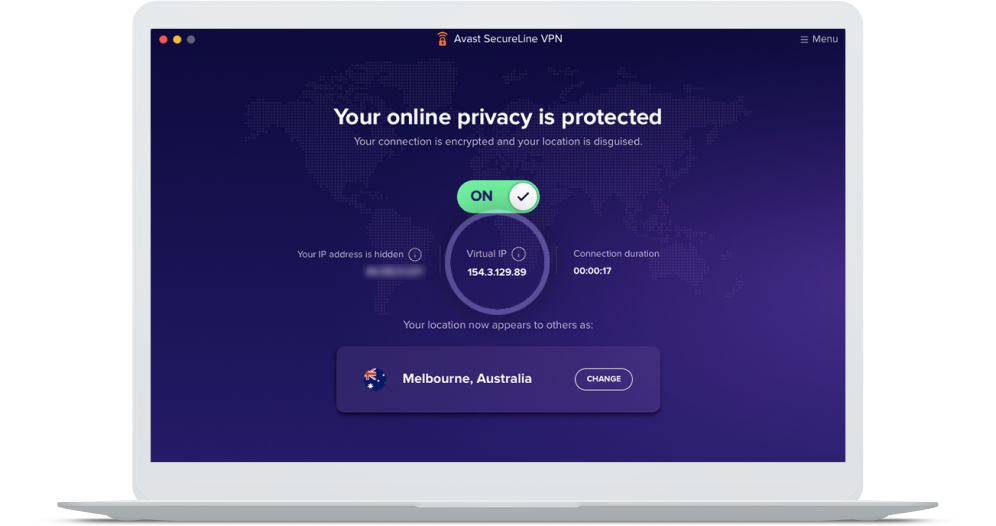La pantalla de inicio de Avast SecureLine VPN muestra la ubicación del servidor australiano y la dirección IP virtual.