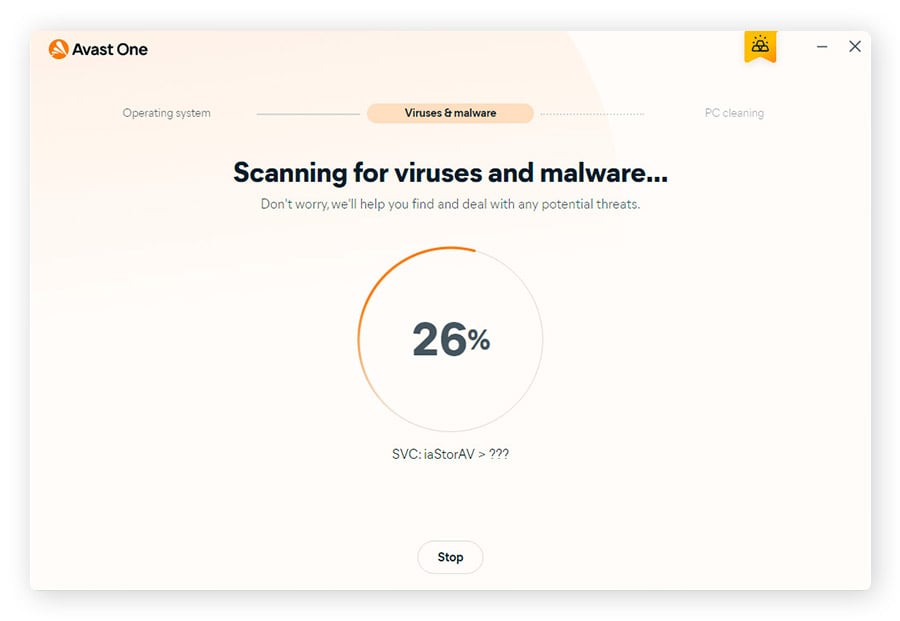  Avast One scanning for keyloggers, viruses, and other malware on Windows 11.