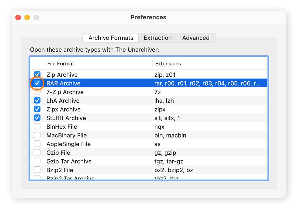Configuring The Unarchiver to extract .rar files on a Mac computer.