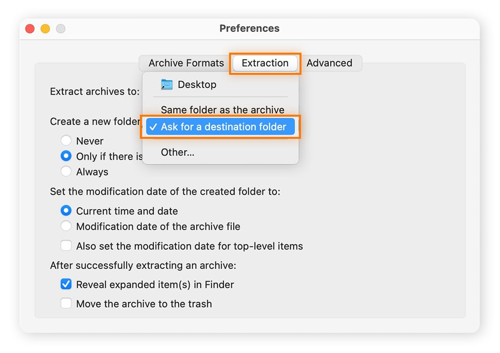Selecting a destination folder for extracted RAR files on Mac with The Unarchiver tool.