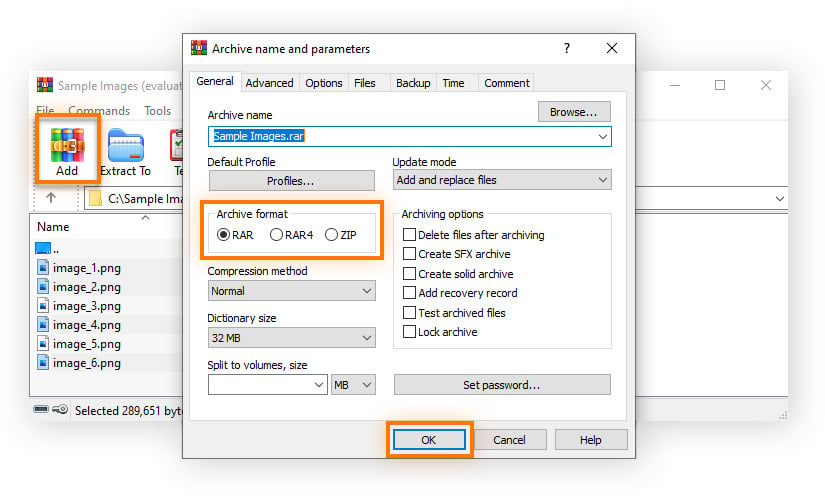 An open WinRAR window with the Add button highlighted and a second archive name and parameters window overlaid.