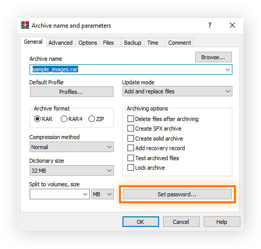 An open WinRAR Archive name and parameters window with Set password selected.