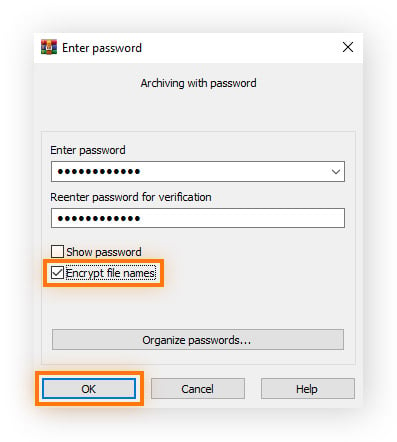  A WinRAR window for creating a password with a check box to encrypt file names and the OK button highlighted.