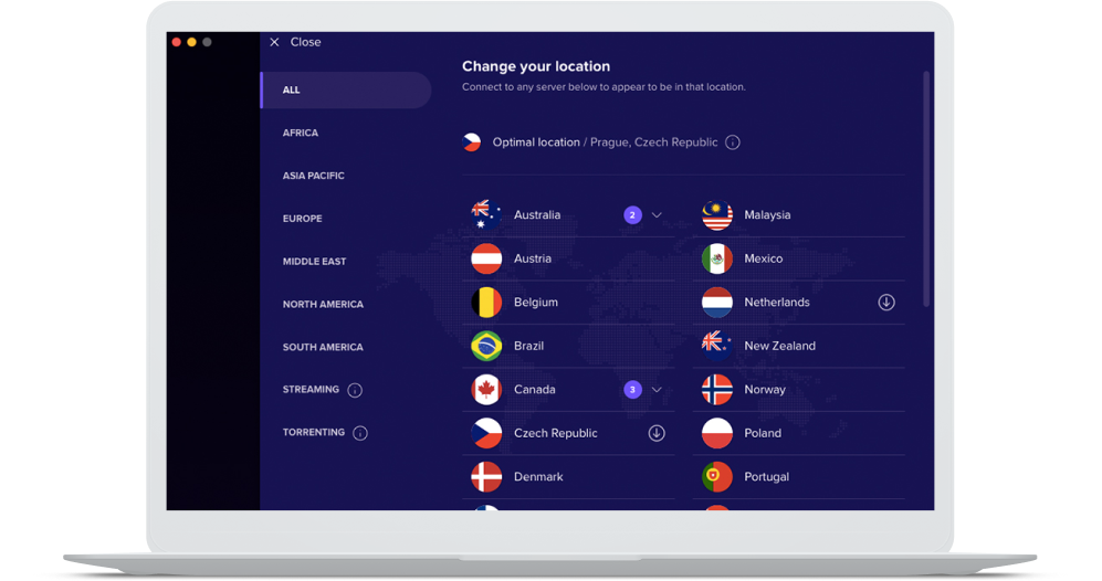 A lista de locais de servidores no Avast SecureLine VPN por país e região global.