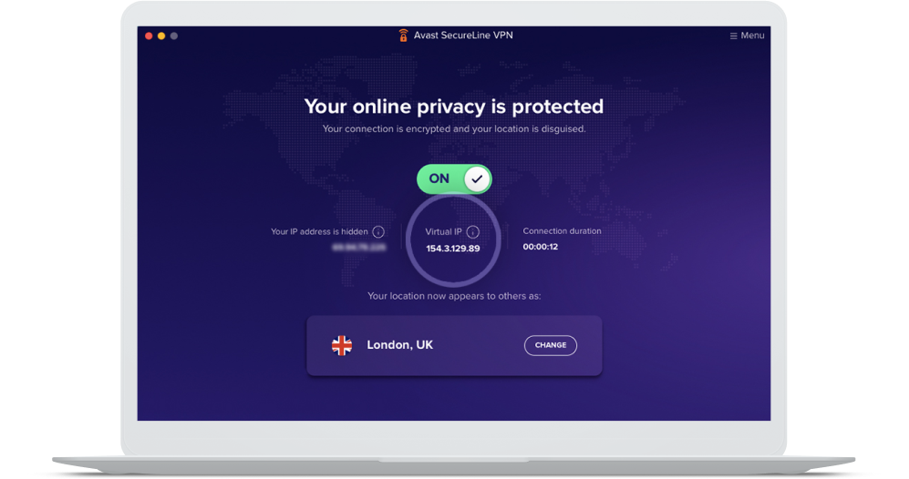 Im Startbildschirm von Avast SecureLine VPN ist der Serverstandort im Vereinigten Königreich und die virtuelle IP-Adresse zu sehen.