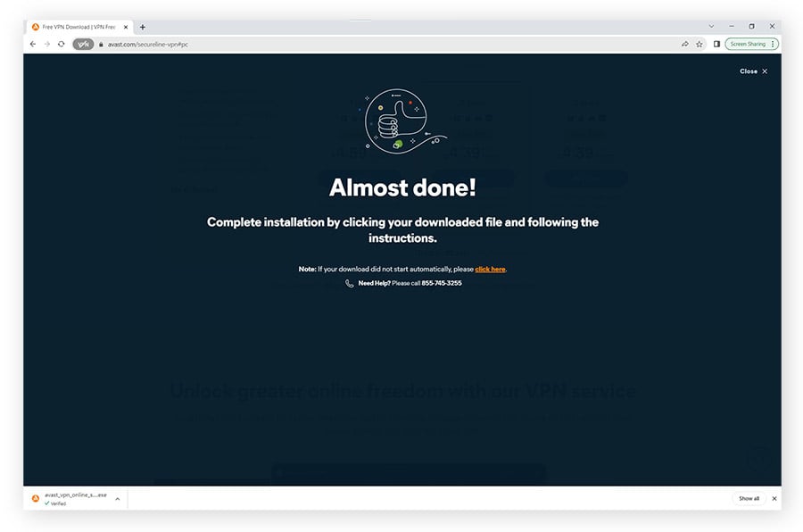 A screenshot of the Avast SecureLine VPN post-download screen.