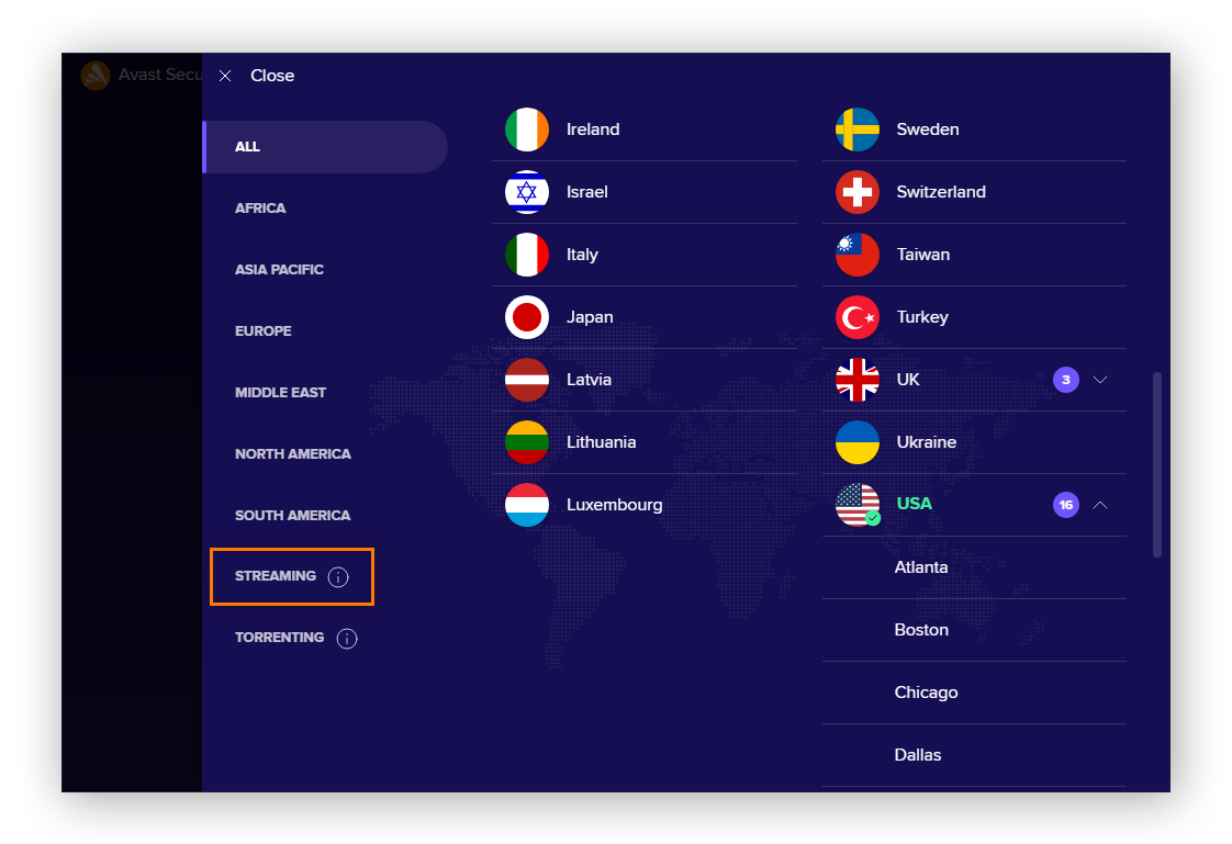 A screenshot showing Avast SecureLine VPN's server location selection screen.
