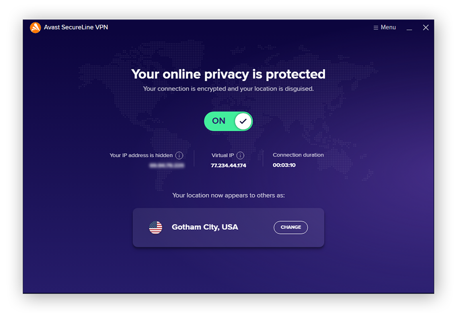 A screenshot of Avast SecureLine VPN masking your location through an encrypted connection and virtual IP address.