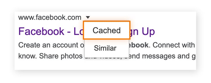 Finding a cached version of a website or page on the Google search results page.