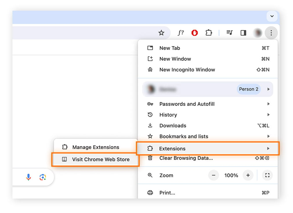A screenshot showing how to navigate to the Chrome Web Store to find browser extensions.