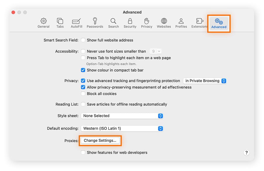 Changing settings in the Safari browser Advanced Preferences menu.